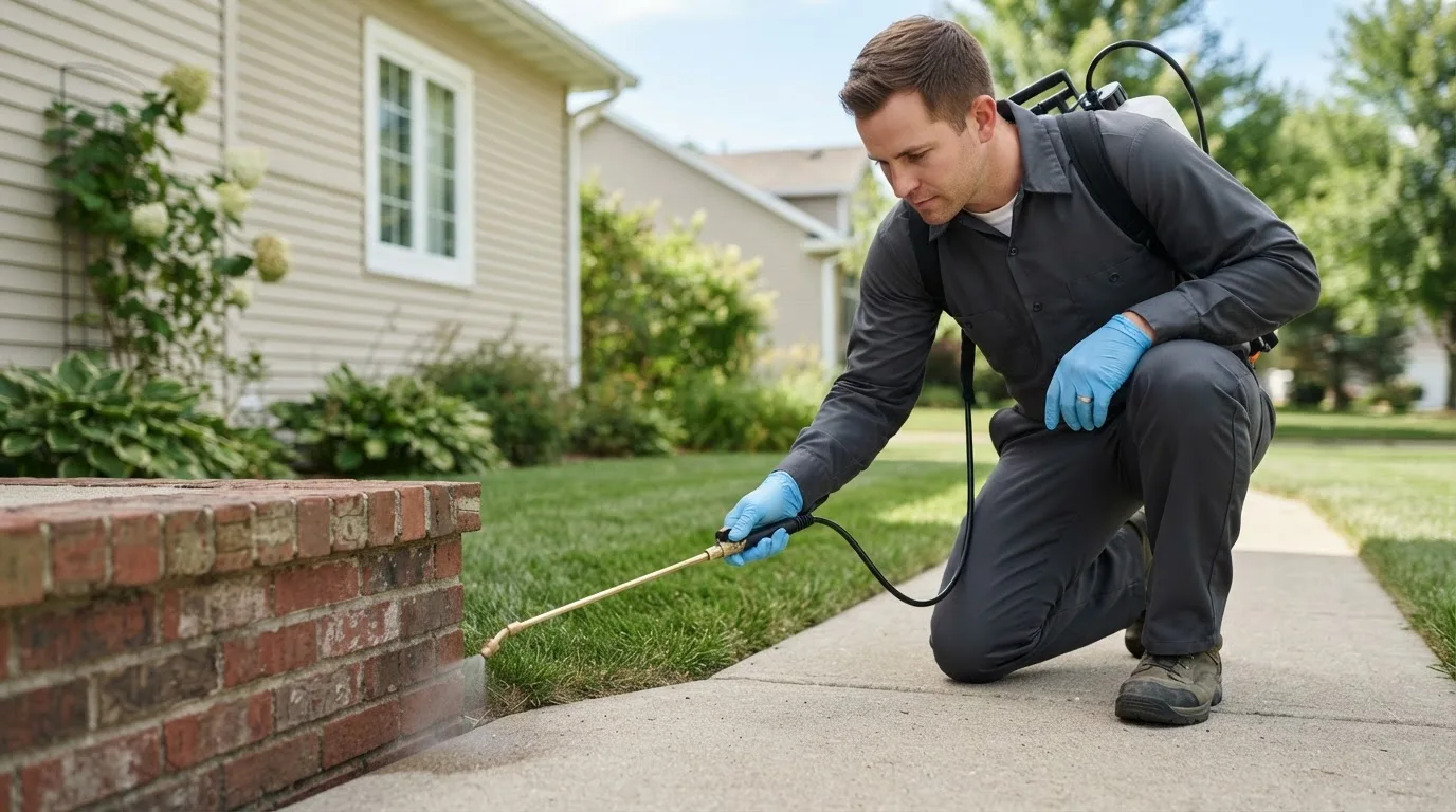 Pest control technician treating a home near Bloomfield, NY